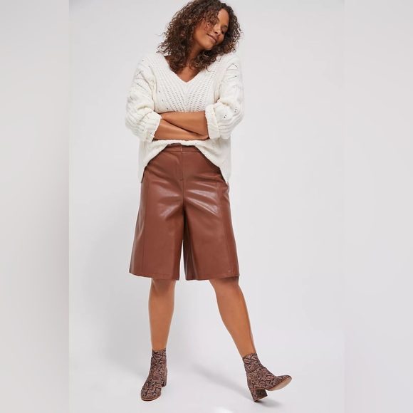 Avec Les Filles Pants - High-Waist Faux Leather Bermuda Shorts in Brown